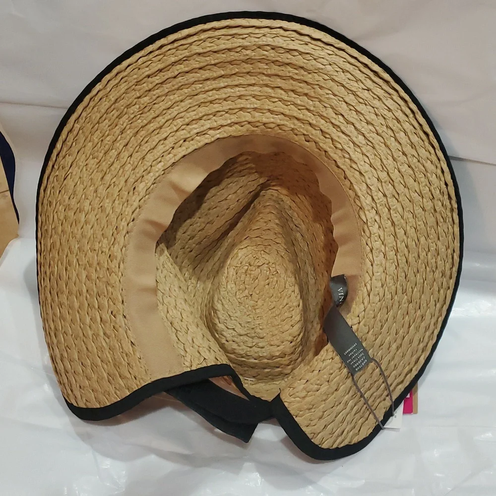 Vince Camuto tan and black ribbon trim straw fedora‎ summer UPF 50+ sun hat new